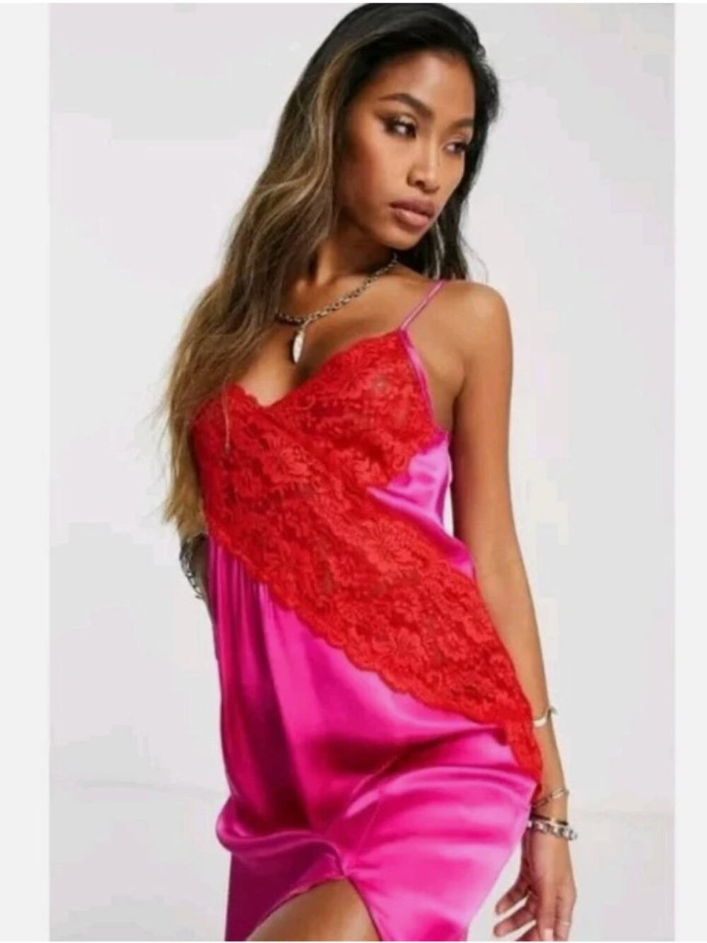Topshop Slipdress Pink Satin Lace Trim Maxi Red Lace V-Neck